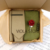 Viola Design 5PCS Gift Box Solid Cotton Sock Tie Sets Clip Pin Cufflinks Hanky Colorful Men Wedding Party Daily Cravat Accessory