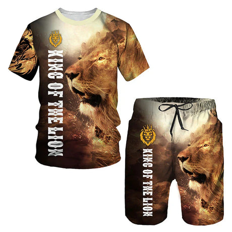 2023 Men T-shirt Set Tracksuit Training Wear Lion Pattern T-Shirt Shorts Casual Suit Oversized 2 Piece Set Sports Men Clothes