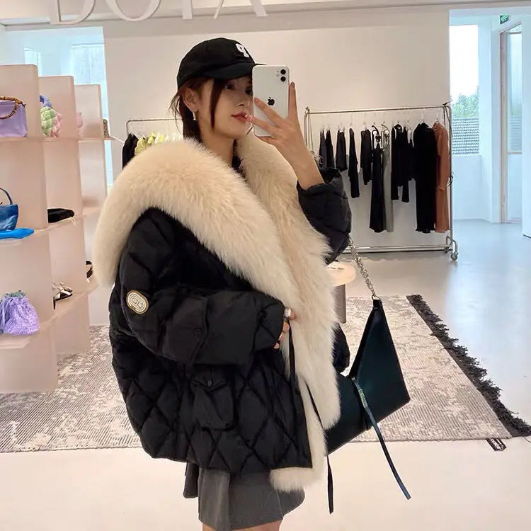 2024 Winter New Women Big Luxury Faux Fox Fur Collar Coat Fluffy Loose Puffer Jacket Feather Female Parka Snow Outwear Windproof