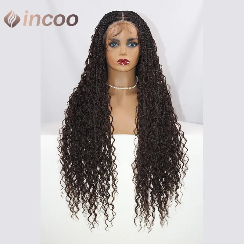 32" Full Double Lace Front Square Knotless Box Braided Wigs With Boho Curls Ends Box Braids Wig With Baby Hair Synthetic Wig 1B