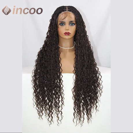 32" Embroidery Full Double Lace Front Square Knotless Boho Curly Braided Wigs With Baby Hair 1B Honey Blonde 613 Synthetic Wig