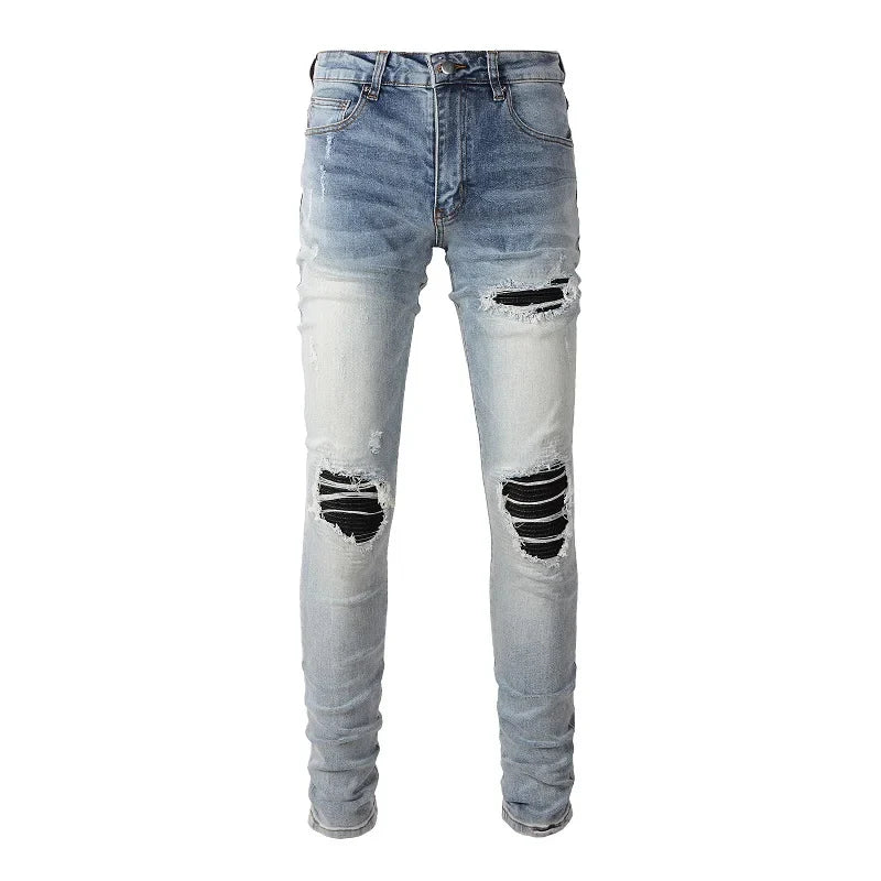 Men Leather Patches Denim Jeans Streetwear Holes Ripped High Stretch Pants Light Blue Skinny Tapered Trousers