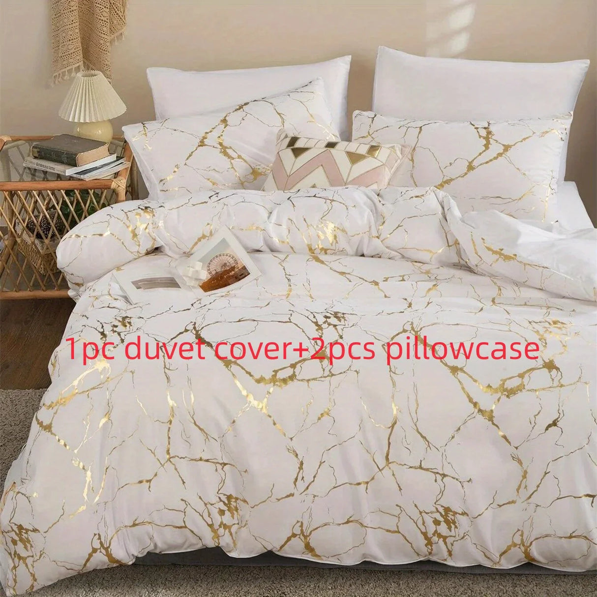 Queen Bedding Duvet Cover Set White Marble Printed 3 Piece Luxury Microfiber Down Comforter Quilt Cover with Zipper Closure