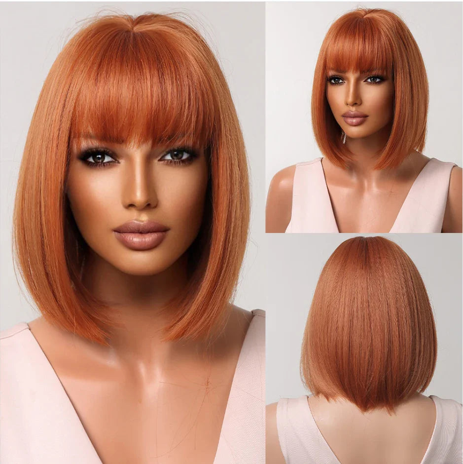 Brown Blonde Short Straight Synthetic Hair Wigs with Bangs for Women Golden Highlight Bob Wigs Cosplay Natural Heat Resistant