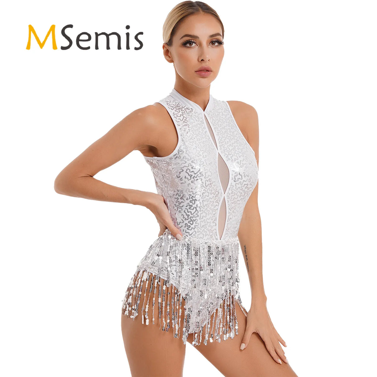 Womens Ballroom Dance Performance Costume Latin Jazz Samba Dance Wear Glitter Sequins Tassel Leotard Sleeveless Shiny Bodysuit