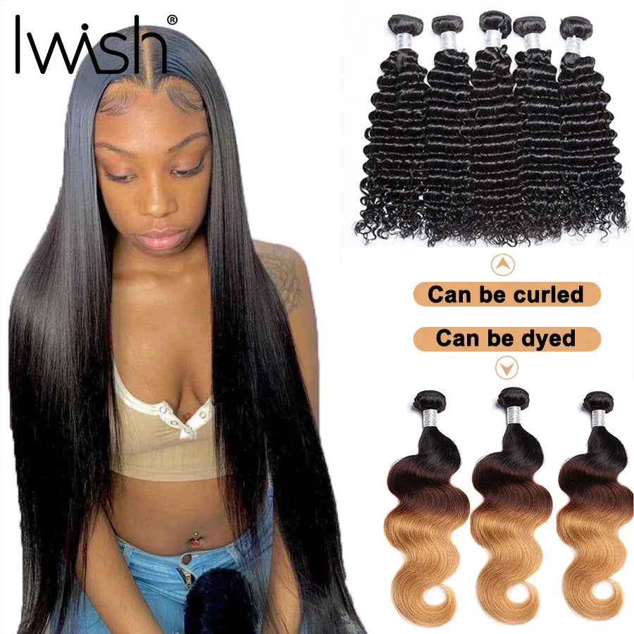 Human Hair Bundles 1/3/4 Piece Hair Extension For Women Brazilian Straight Human Hair Weave Bundles Natural Black 12A Iwish Hair