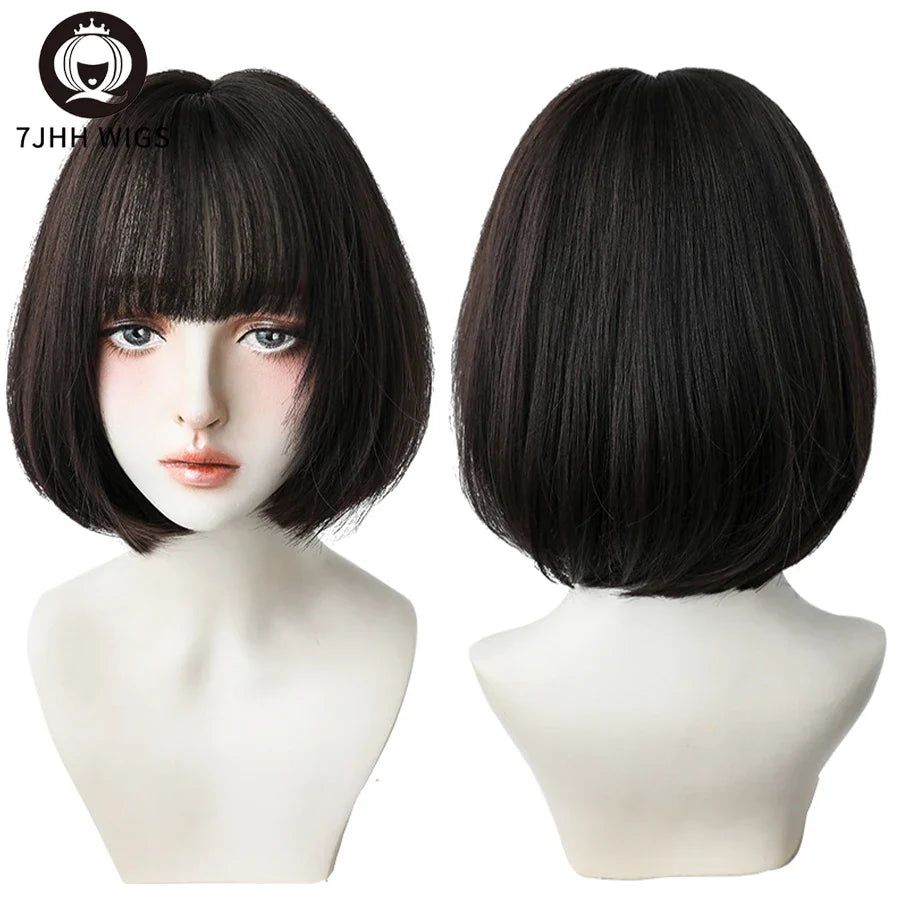 7JHH WIGS Black Short Bob Wig for Girl Daily Wear Synthetic Wig New Style Natural Supple Summer  Heatresistant Wig With Bangs