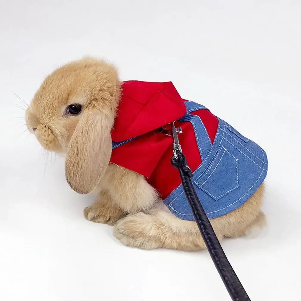 Rabbit Clothes Denim Jacket Cute Bunny Vest Harness Leash Collar Rabbit Clothing Suit Ferret Bunny Hamster Small Pet Supplies