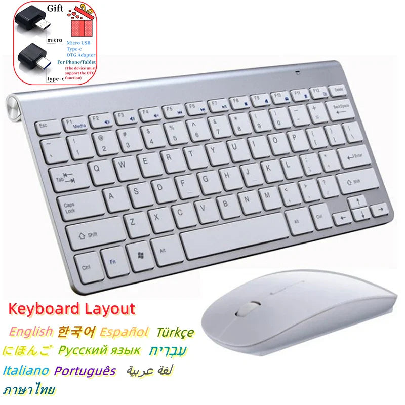 Spanish Hebrew Korean Thai Wireless Keyboard Mouse Combo 2.4G Mini Portable Wireless Keyboard and Mouse for Windows Mac Android