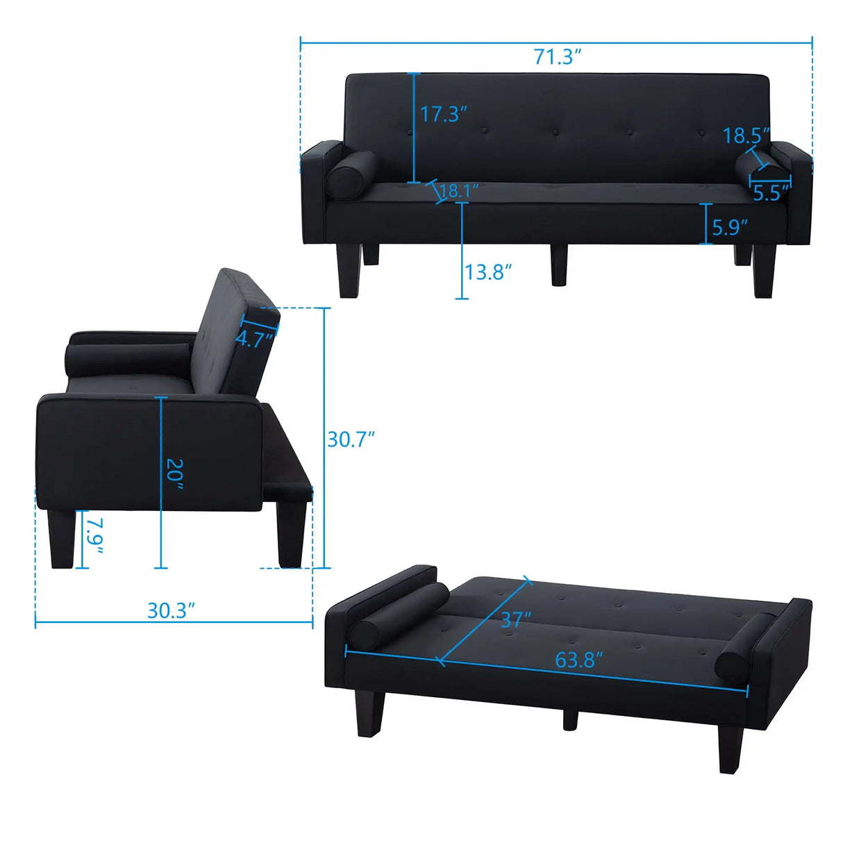 Futon Sofa Beds, 71" Upholstered Convertible Sofa Couch, Recliner Modern Tufted Back Futon with 2 Pillows Removable Square