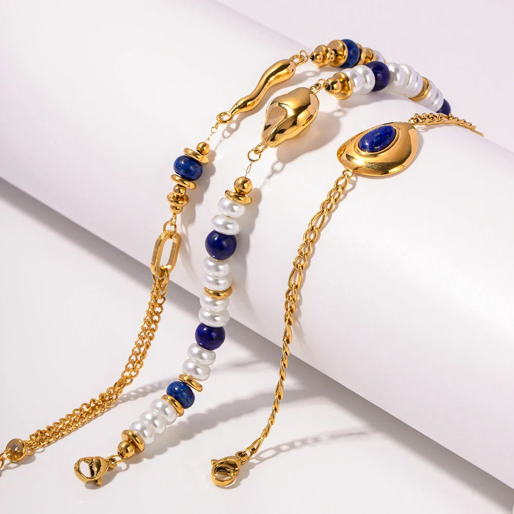 Uworld Natural Stone lapis lazuli Pearl Handmade Stainless Steel 18K Link Bracelet Bangle Fashion Trendy Charm pulseras mujer