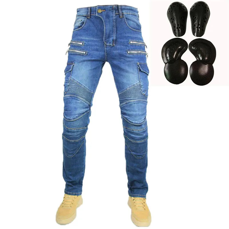 Men Jeans Collection Classic Denim UGB06 PK718 PK719 Zip Motorcycle Pants  Pantalones Motocicleta Hombre Featherbed Jeans Gears