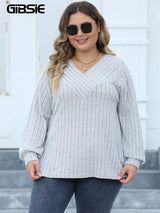 GIBSIE Plus Size Long Sleeve T Shirts for Women Spring Fall Fashion V Neck Solid Ribbed Knit Casual Tee Tops Female 2023 Clothes