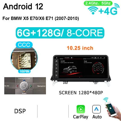 10.25'' Android 12 car Radio autoradio with screen for BMW X5/X6 E70 E71 CCC/CIC Carplay Bluetooth intelligent system Navigation