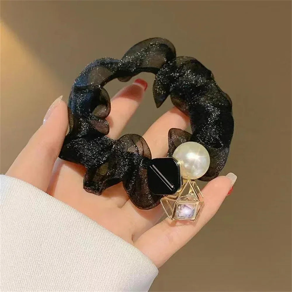 Luxury Rhinestone Pearl Hair Ties Ropes Women Girls Exquisite Elastic Crystal Beaded Ponytail Holder Scrunchies