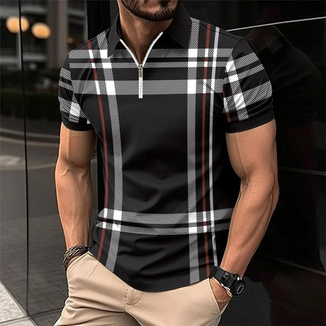 2024 Summer Men's Quick Sell Amazon Men's Printed Checked Striped POLO Shirt with lapel Zip Sport Breathable polo shirt