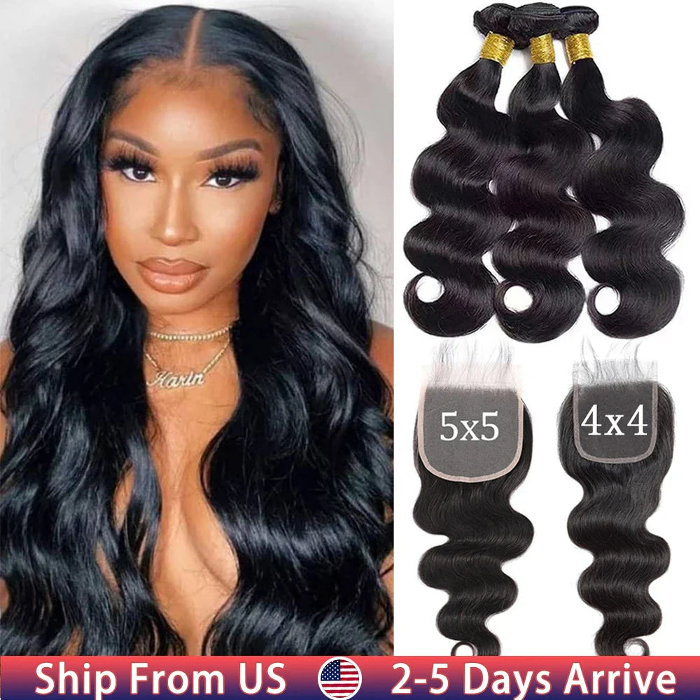 Body Wave Bundles With Closure Brazilian Hair Weave Bundles With Closure Frontal Human Hair Bundles With 4X4 5x5 Lace Closure