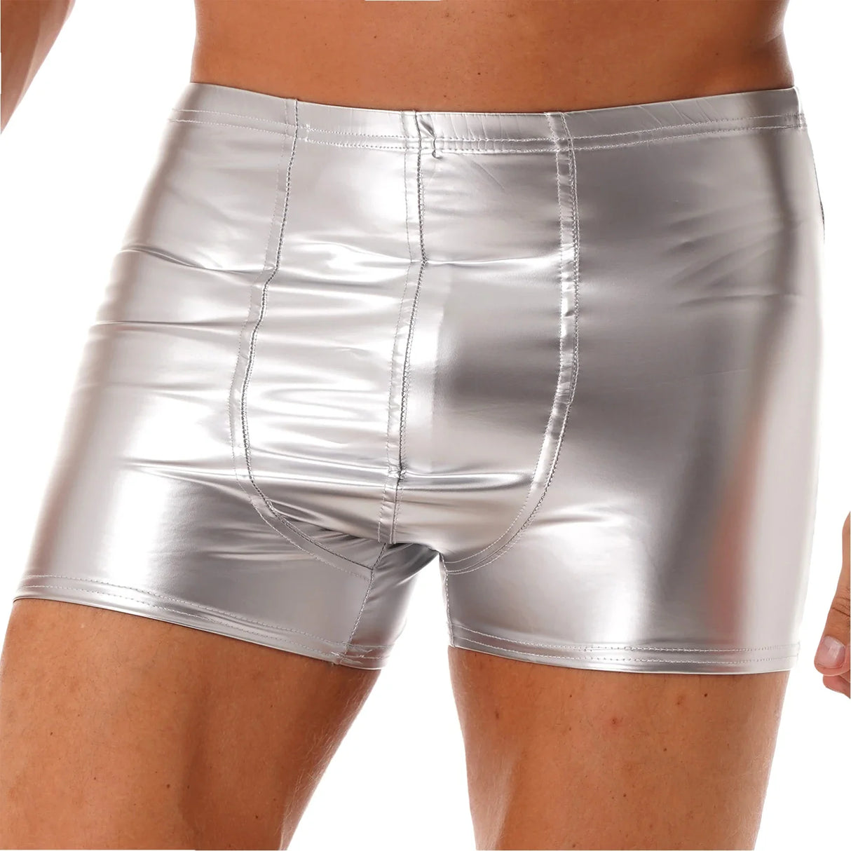 Sexy Mens Wet Look Patent Leather Boxer Briefs Bulge Pouch Shorts Underwear Shiny Metallic Swim Trunks Bikini Bottoms Swimwear