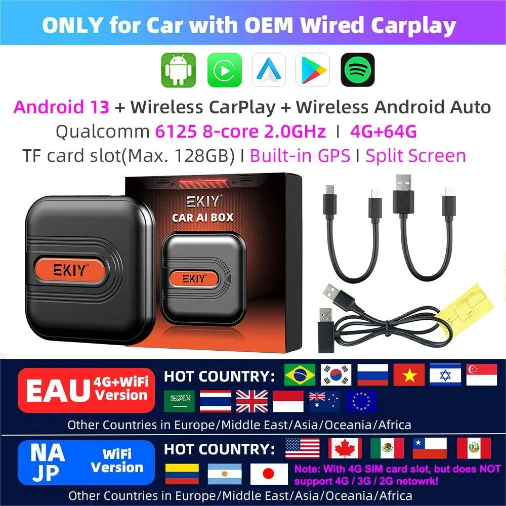 EKIY CarPlay Tv Box Android 13 4GB 64GB QCM6225 8-Core Wireless Carplay Android Auto Adapter Car Play Intelligent Systems