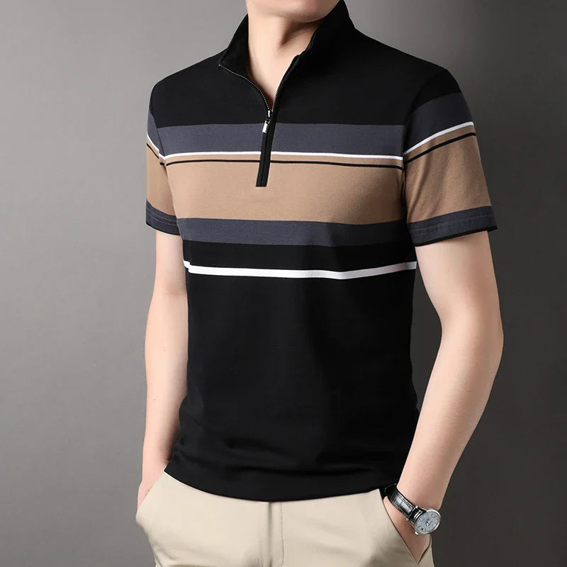 Top Grade Yarn-dyed Process Cotton Zipper New Summer Brand Striped Polo Shirt Short Sleeve Casual Tops Fashions Clothes Men