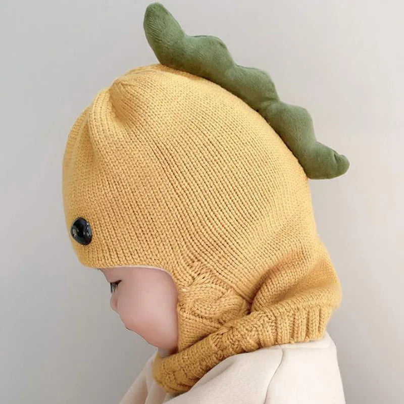 Doitbest Winter knit Baby Knitted Hat scarf one-piece Hats Kids Girl Boy Beanies Caps Warm dinosaur Earflap Hats for Children