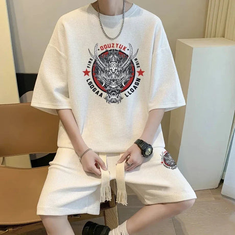 Oversized Loose Jogging Waffle Casual Suit Men Loose Korean Short-sleeve tshirt + Sports Shorts Summer Men Letter Print 2pcs Set