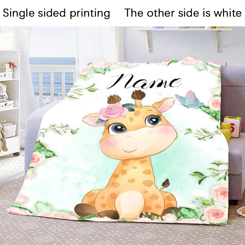 Custom Name Blanket Kawaii Baby Girl Boy Kids Personalized Blankets Cartoon Animal Cute Soft Flannel Throw Blanket Birthday Gift