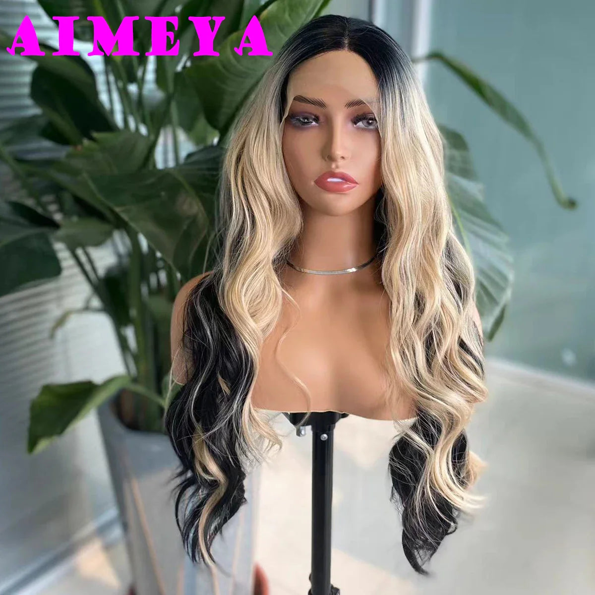 AIMEYA Ombre Green Synthetic Lace Front Wig for Women Dark Roots Highlights Wig Glueless Natural Hairline 13X4 Front Lace Wigs