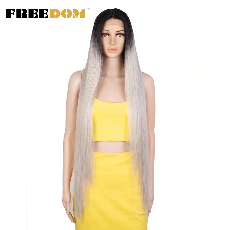 FREEDOM Synthetic Lace Front Wigs For Women Super Long 38Inch Ombre Blonde Highlight Ginger Straight Lace Wigs Cosplay Wigs