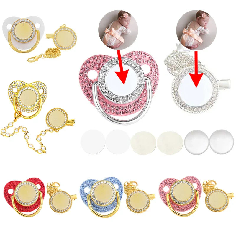 Blank Personalized Baby Pacifier with Chain Clips Covers Luxury Bling Zircon Silicone Dummy Nipple Teether Newborn Gift 5Set/lot