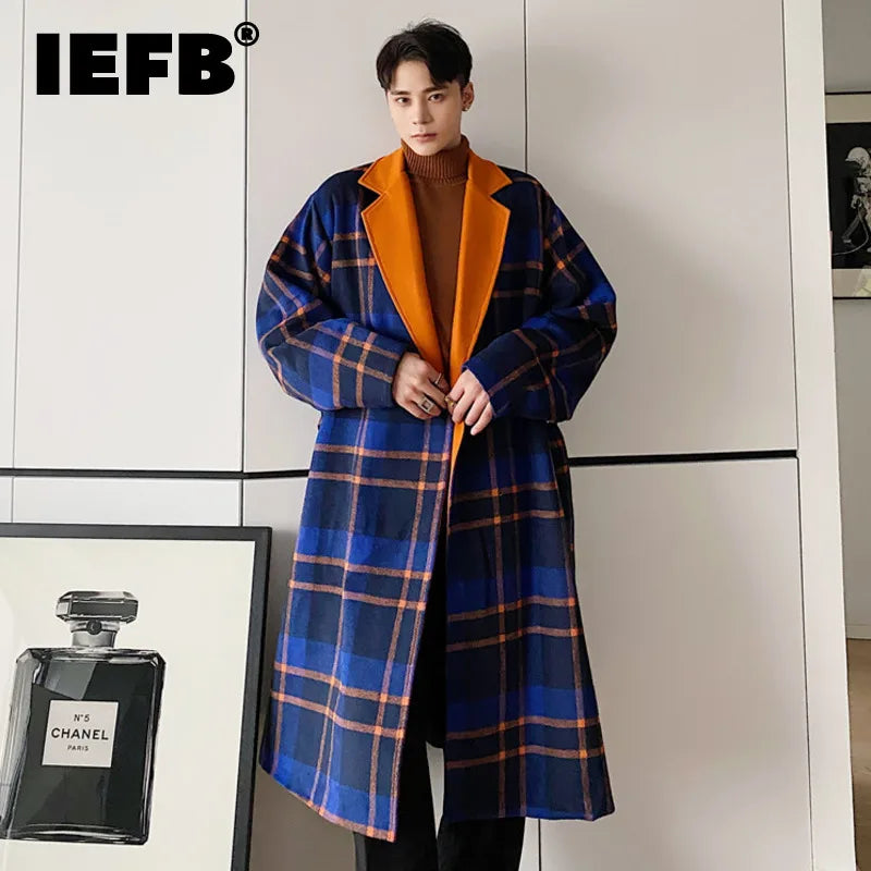 IEFB Casual Loose Men's Woolen Coat Plaid Lapel Contrast Color Male Outerwear 2023 New Fashion Tide Loose Men Clothing 9C3586