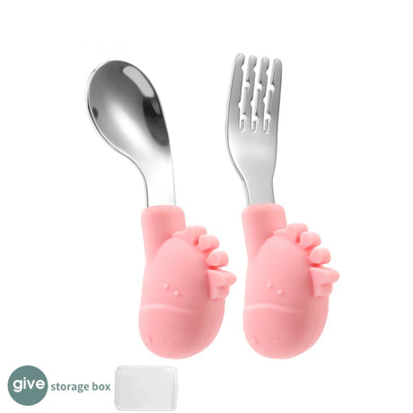 Supplementary Food Spoon With Storage Box Non-slip Comfortable Grip Cartoon Cute Baby Cares Stainless Steel Fork Spoon 5 Colors