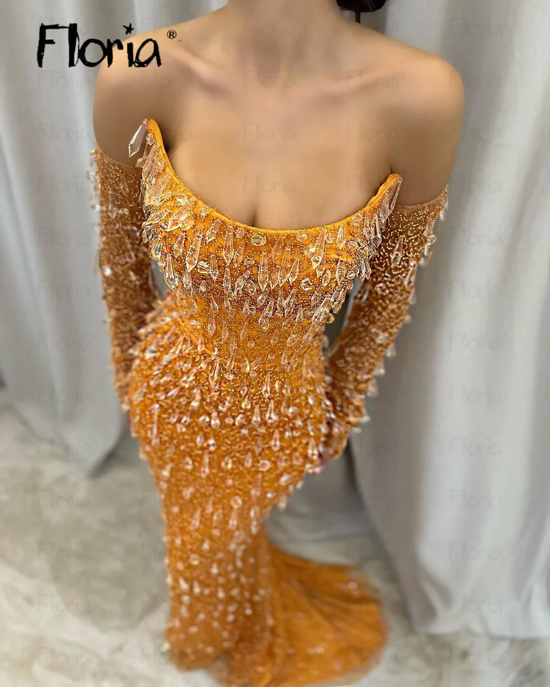 Black Girl Orange Full Stones Party Dress Detachable Long Sleeves Arabic Long Formal Celebrity Dresses Vestidos De Noche Mermaid