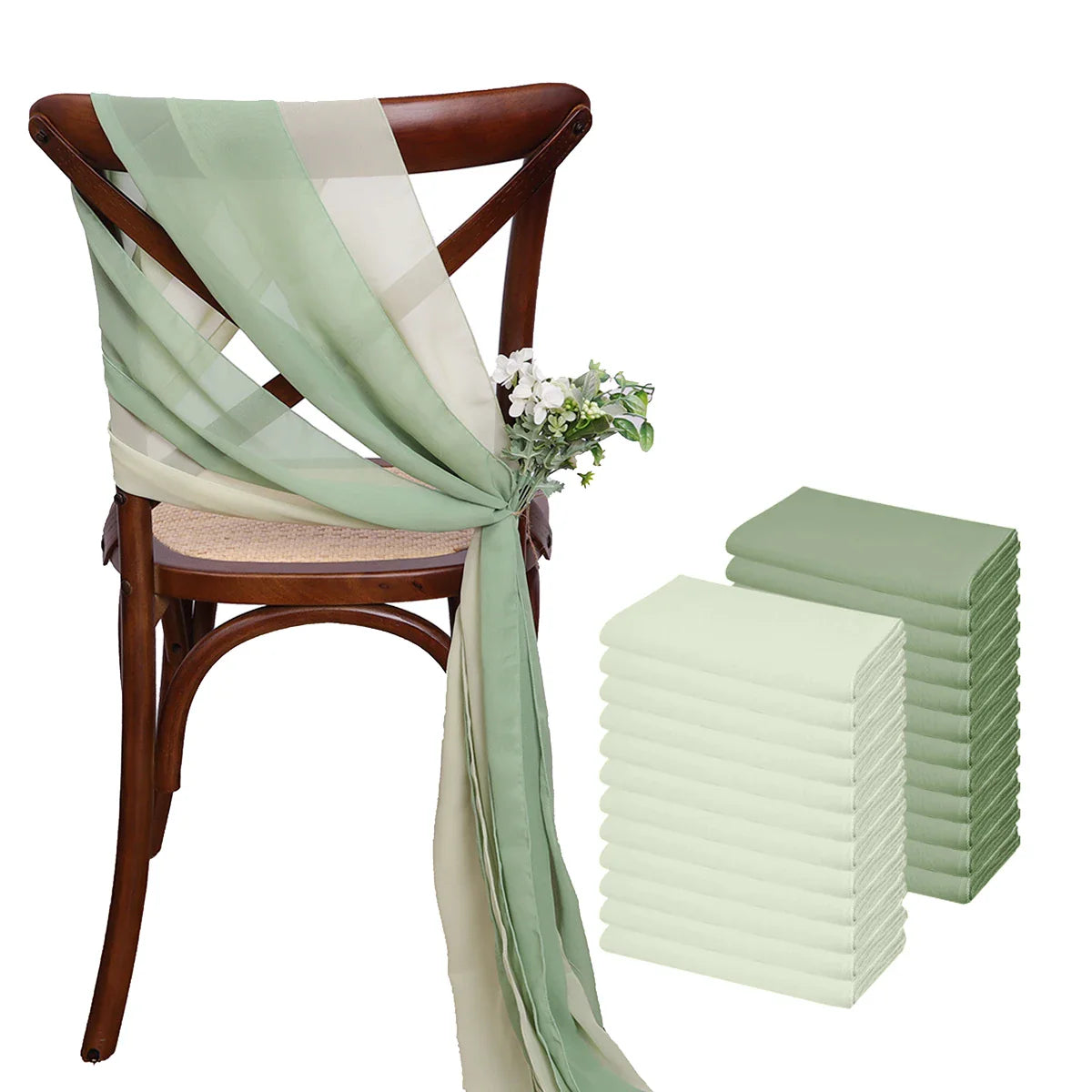 24 Pcs 17x275cm Chiffon Chair Sashes 12 Set Sage green Chair Sash Wedding Chair Covers Ribbon Wedding Party Aisle Chair Decor