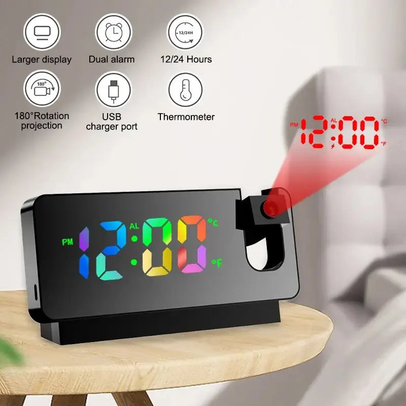 Multifunctional 180° Rotating Projection Creative Alarm Clock, LED Silent Colour Screen, Bedroom Ceiling Projection Gift