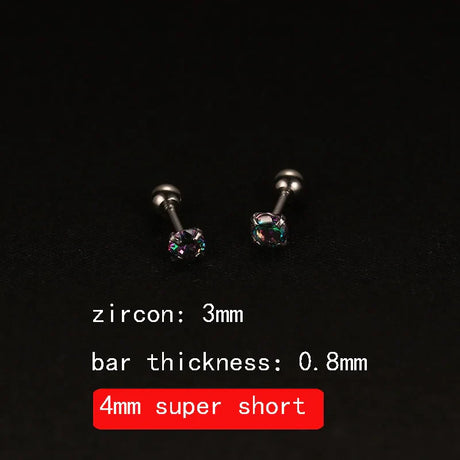 2PCS 4mm Short Ear Studs Earring Outside Upper Helix Earrings Titanium Steel CZ Crystal 3mm 4mm 5mm Mix Colors 0.8mm 20G Screw