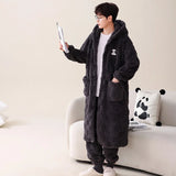 2PCS Hooded Sleepwear Thicken Warm Plush Flannel Robe Set Winter Pajamas for Couples Soft Pajama Man Cartoon Sleeping Bathrobe