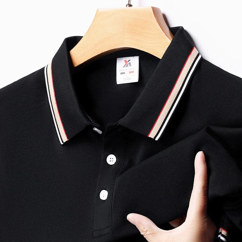 Men's Fashion Solid Short Sleeved Striped Lapel Polo Shirt Summer Breathable Comfortable Top