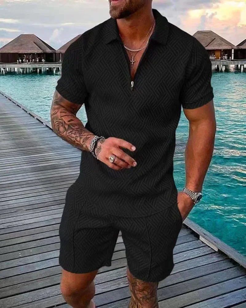 New 2024 Men's Polo Suit Fashion Men Sets Solid Summer V-neck Zipper Short Sleeve POLO Shirt+Shorts Two Pieces Men Casual Suit