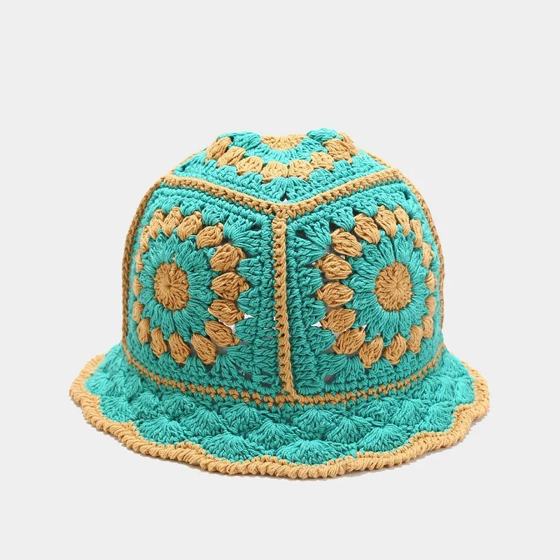 Korean Hand knit Crochet Bucket Hats Spring Summer Soft Straw Sun Hat Women Bucket Hats Plaid Designer Bob Fisherman Cap