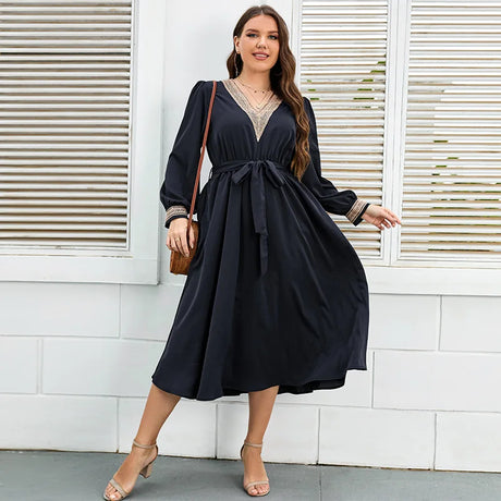 Plus Size Women Dress V Neck Long Sleeves Robe Waist Belt Solid Color Dress Autumn Female Elegant Party Long Gown Clothing