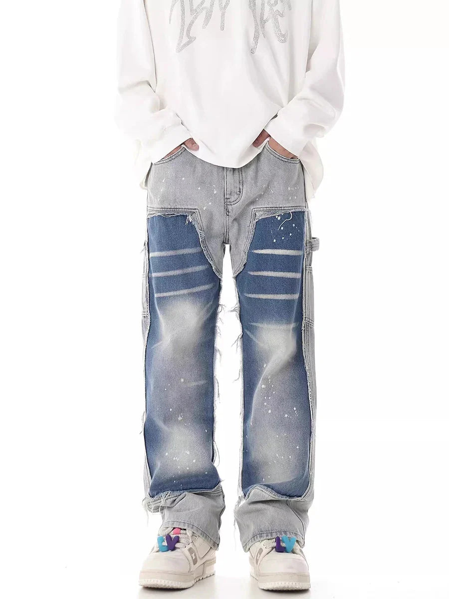 REDDACHIC Two Tone Patchwork Baggy Jeans Men Hiphop Splash Ink Brushed Blue Wash Loose Fit Casual Wide Leg Pants Y2k Streetwear