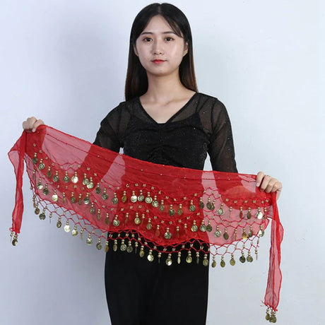 Sexy Women Belly Dance Chiffon Skirt Gold Sequins Waist Chain Tassel Belts Clubwear Indian Dance Practice Performance Hip  Scarf