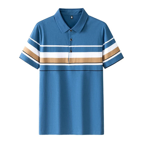 Men's Summer Pullover Solid Turn-down Collar Striped Button Short Sleeve T-shirt Casual Formal England Style Undershirt Tops