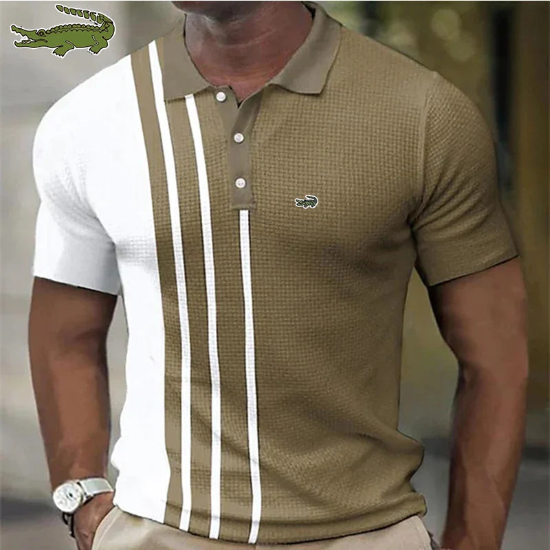 embroidery men's POLO Spring and Autumn short sleeve shirt new small plaid mixed cotton men's zipper lapel T-shirt men's casual