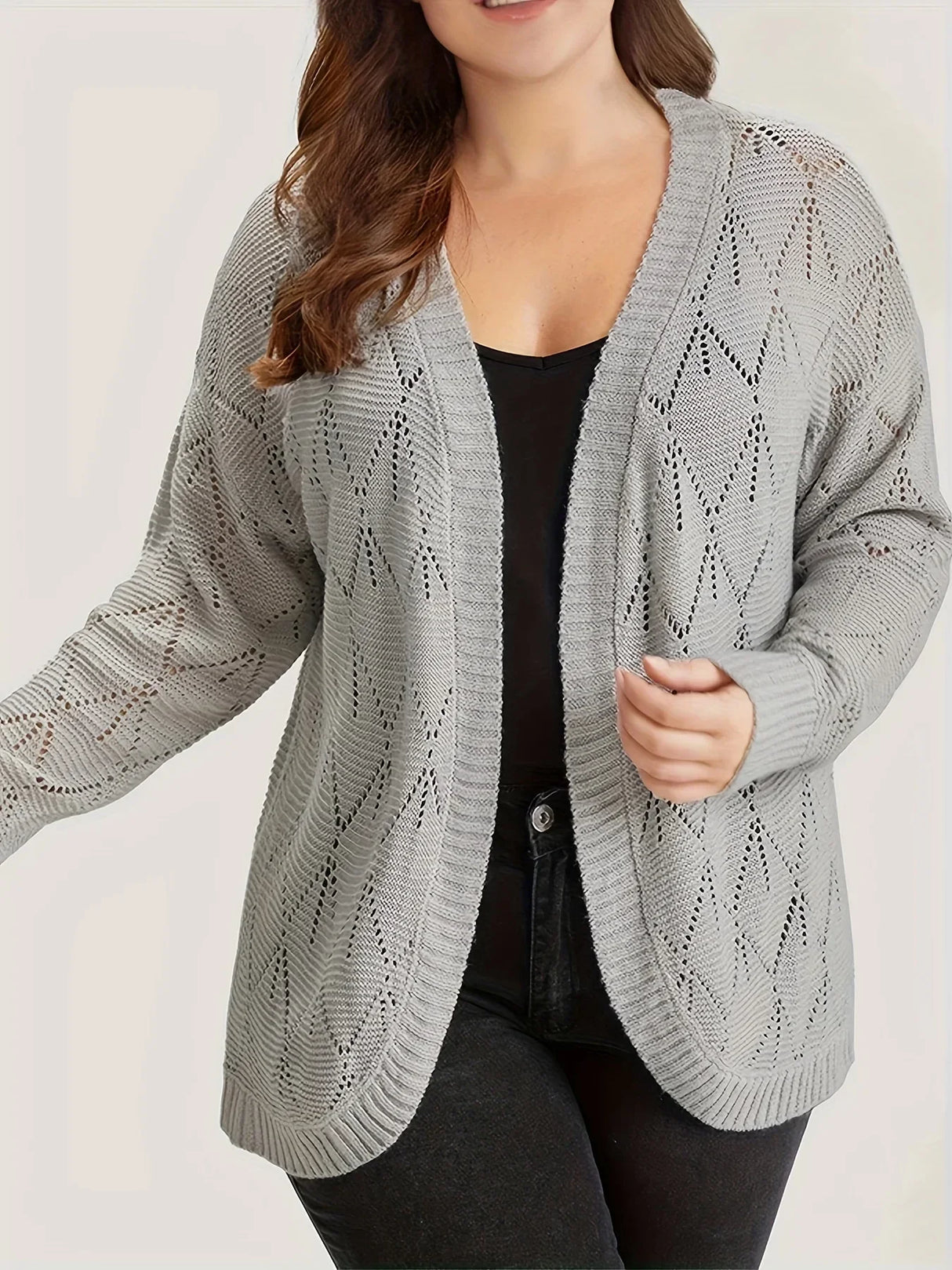 Plus Size Women's Solid Hollow Out Open Front Cardigan