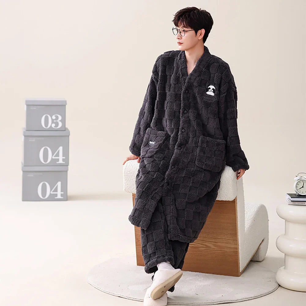 2PCS Hooded Sleepwear Thicken Warm Plush Flannel Robe Set Winter Pajamas for Couples Soft Pajama Man Cartoon Sleeping Bathrobe