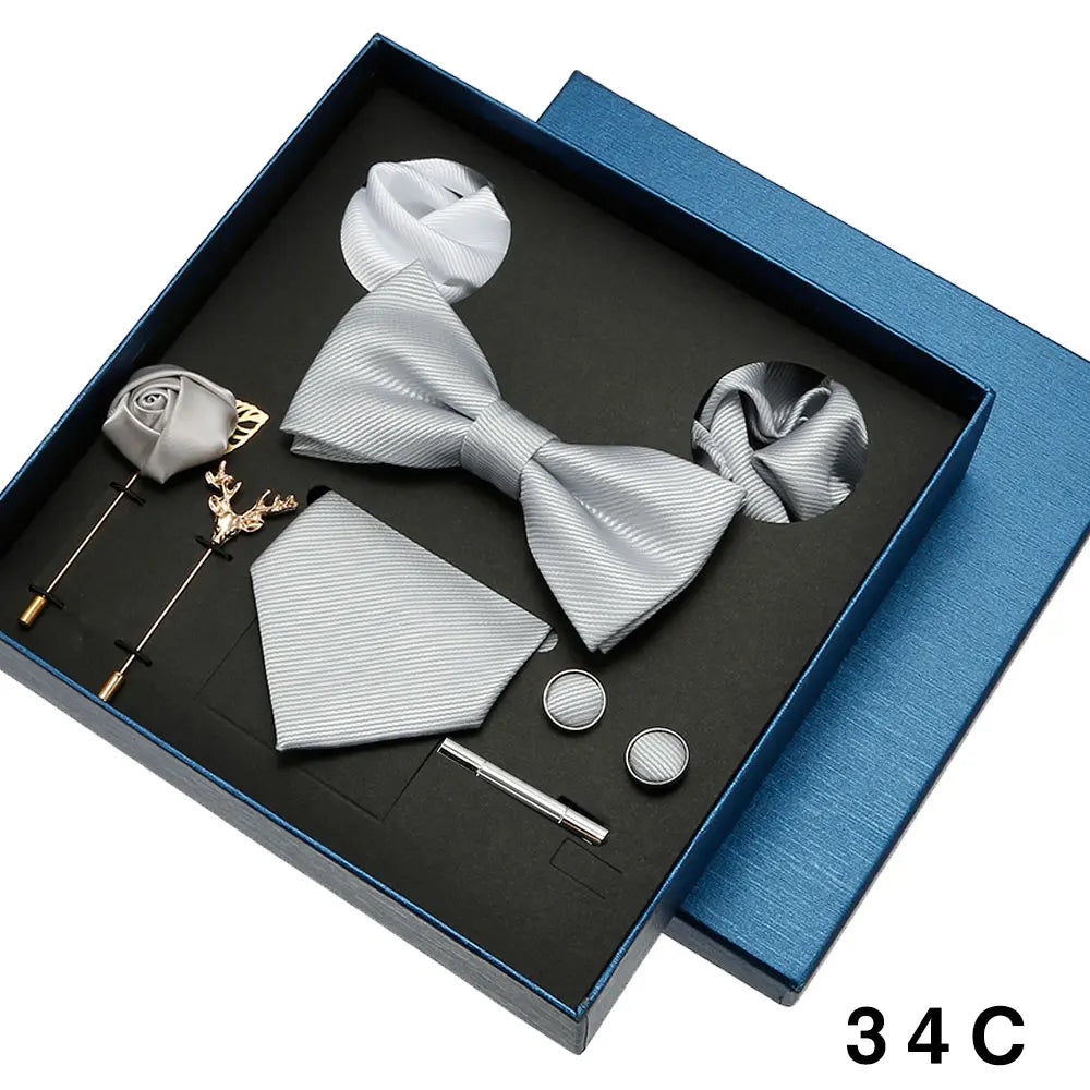 8pcs Luxury Mens Ties Set In Gift Box 100% Silk Neck Tie With Festive Wedding Bowtie Pocket Squares Cufflinks Clip Brooches Suit