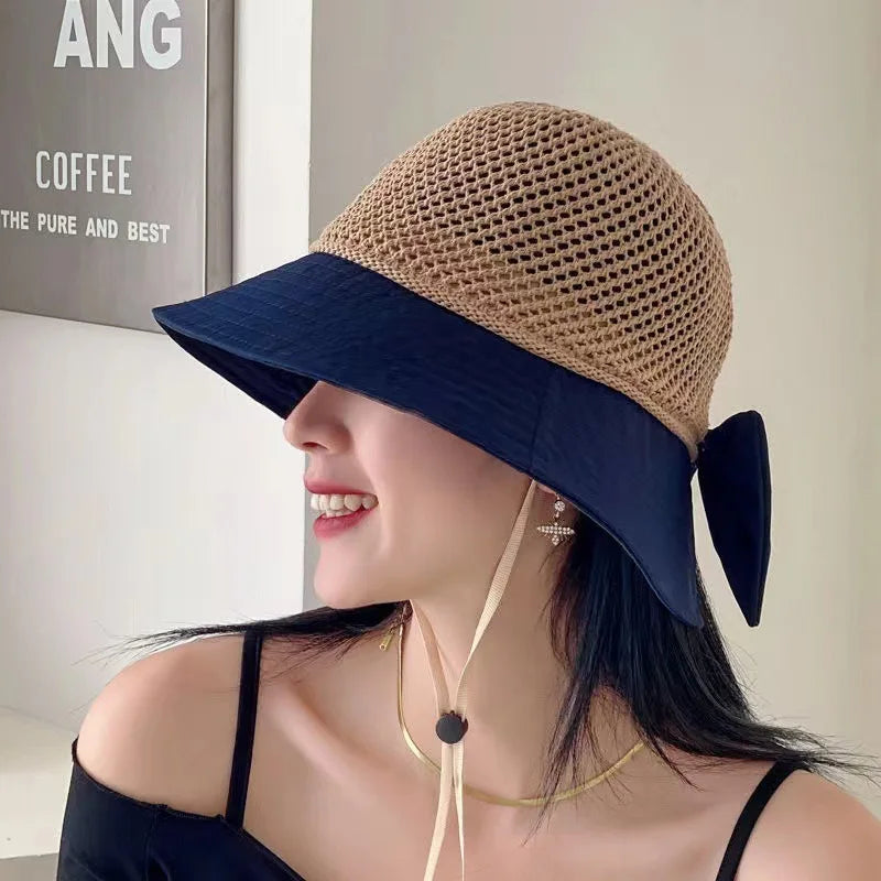 Outdoor Foldable Wide Brim Floppy Girls Straw Hat Sun Hat Beach Summer Hat UV Protect Travel Cap Lady Cap Female Bucket Hat