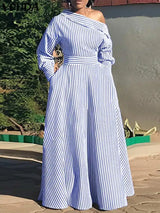 Plus Size 5XL VONDA 2024 Elegant Striped Maxi Dress Bohemian Women Sundress Casual Loose Off Shoulder Long Sleeve Party Vestidos